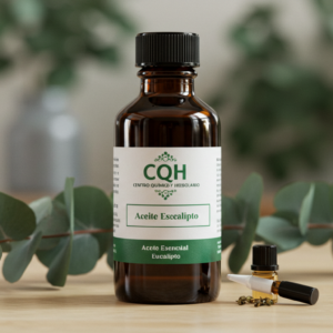 Aceite esencial de eucalipto en frasco de vidrio oscuro con gotero para uso en aromaterapia y preparaciones naturales.