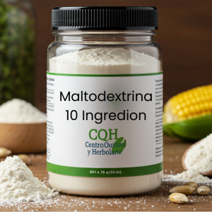 Maltodextrina Ingredion en polvo de textura fina utilizada en bebidas y preparaciones alimenticias.