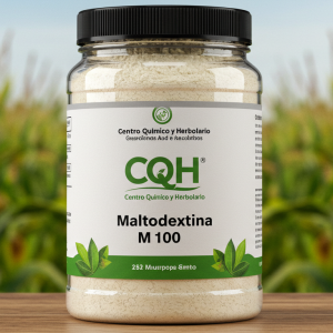 Maltodextrina M100 en polvo de textura fina utilizada como ingrediente en bebidas y preparaciones alimenticias.